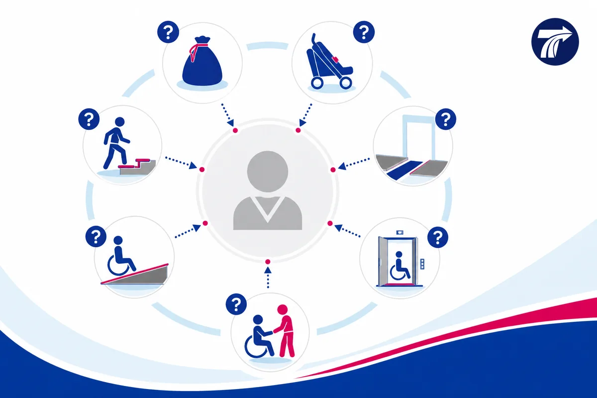Illustrative family questions about baggage pushchair assistance and boarding access