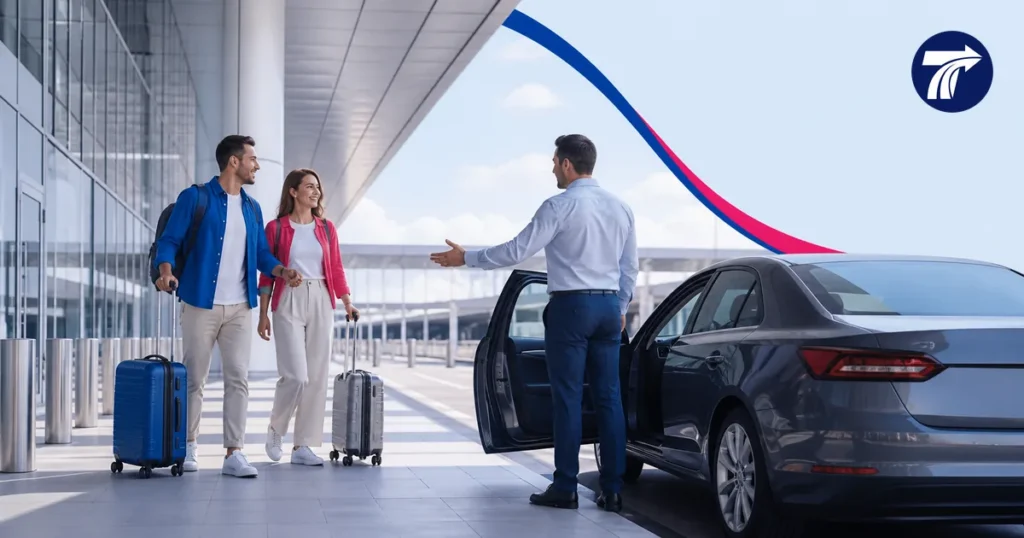 International travellers following confirmed airport pickup instructions in a generic Thailand arrivals area