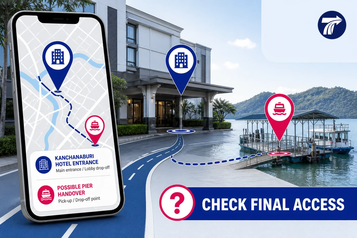 Illustrative phone map pin for an exact Kanchanaburi hotel entrance