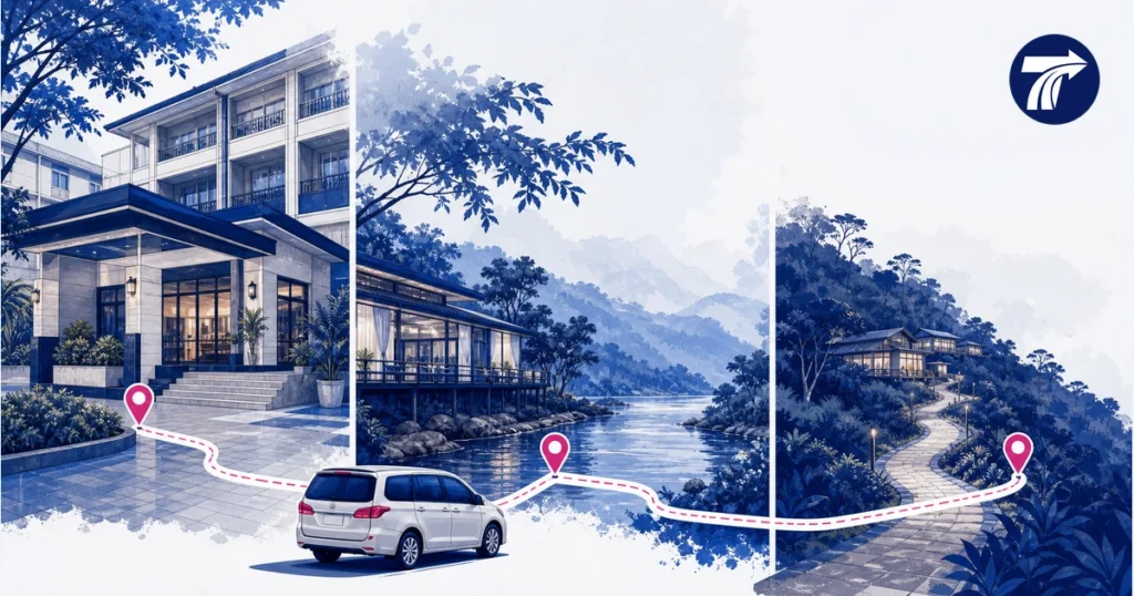 Illustrative contrast of Kanchanaburi town river and remote resort drop-off settings