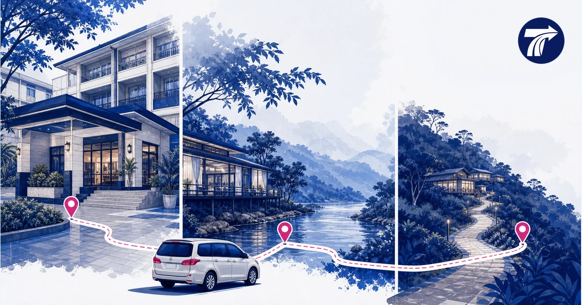 Illustrative contrast of Kanchanaburi town river and remote resort drop-off settings