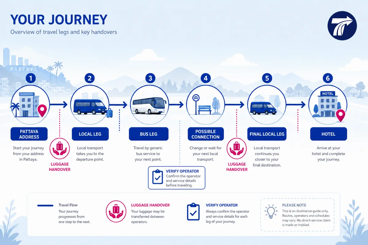 Illustrative multi-leg bus journey concept with local connections and luggage handovers