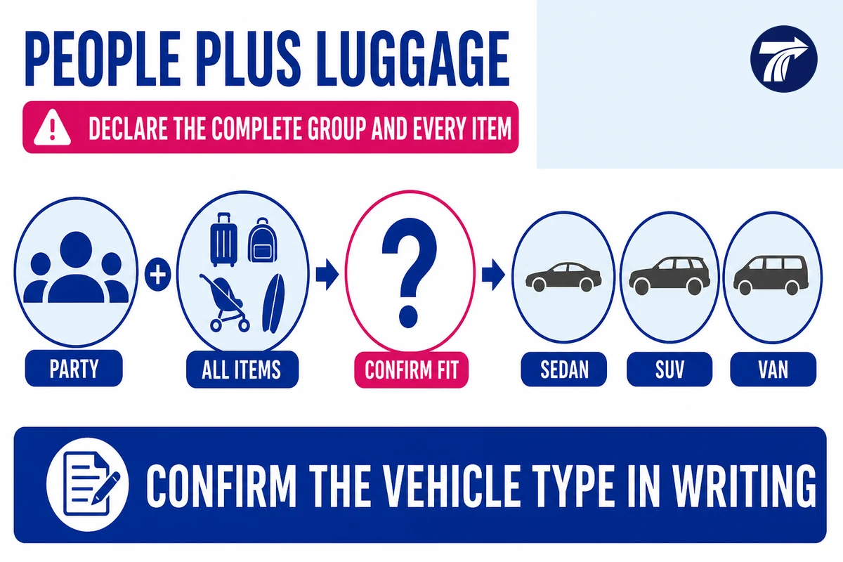 Illustrative vehicle choice based on combined passenger and luggage load