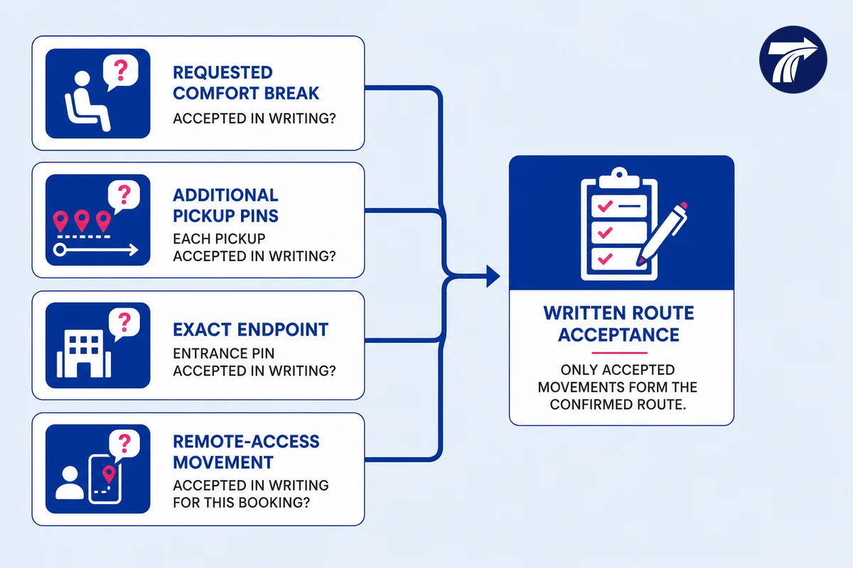 Illustrative confirmation diagram for stops multiple pickups and remote hotel endpoint