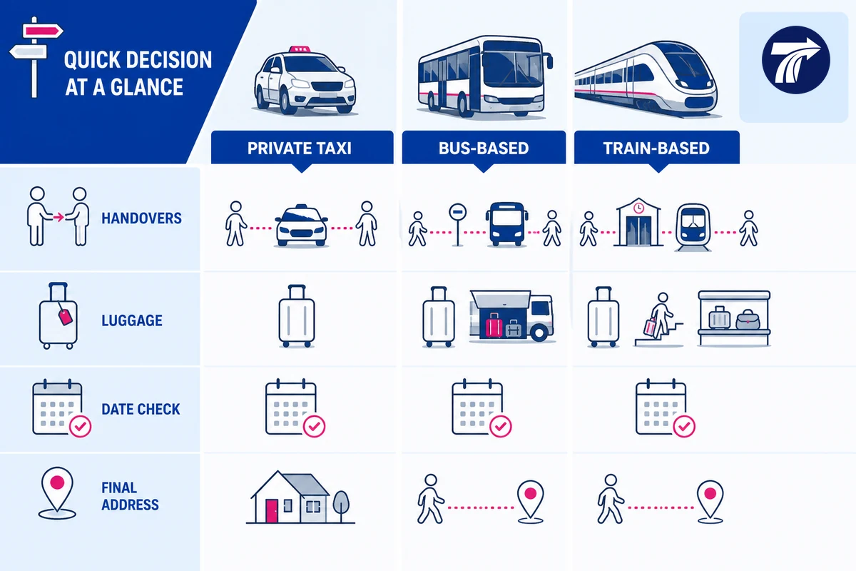 Illustrative quick decision infographic for private taxi bus-based and train-based Kanchanaburi travel
