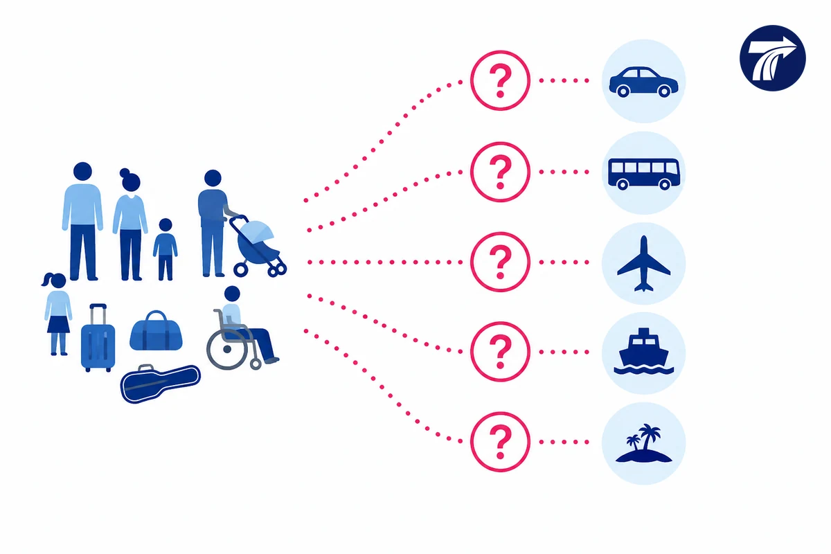 Illustrative group luggage and equipment handover count across transport modes