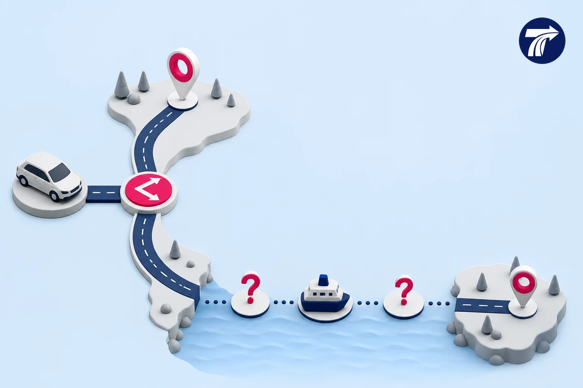 Illustrative choice between a mainland road endpoint and a separately confirmed island endpoint