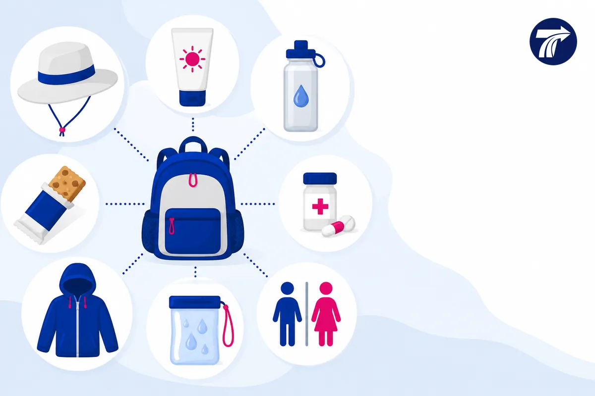 Illustrative family essentials for sun rain hydration food and toilet preparation