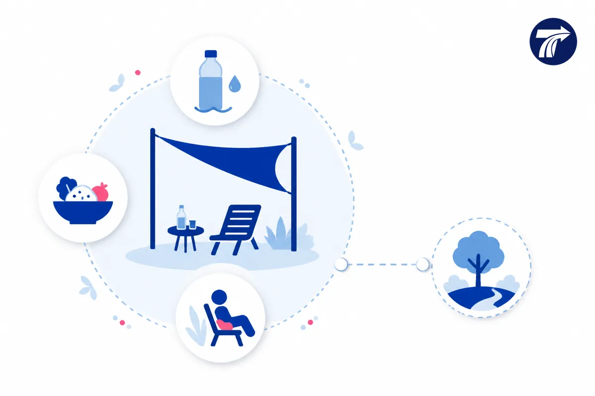 Illustrative meal hydration and rest buffer in a flexible island day