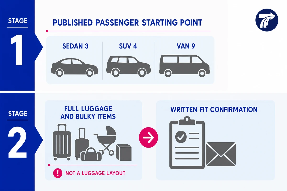 Illustrative diagram showing passenger ratings do not guarantee luggage fit
