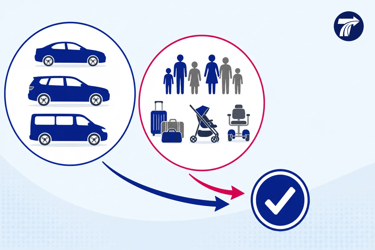 Illustrative vehicle choice concept for passengers bags and a pushchair