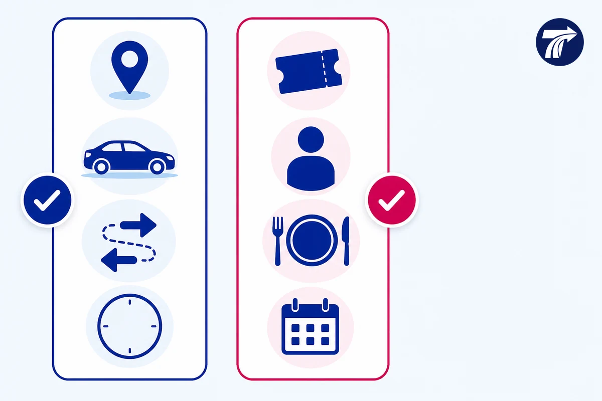Illustrative checklist separating confirmed transport from separate venue arrangements