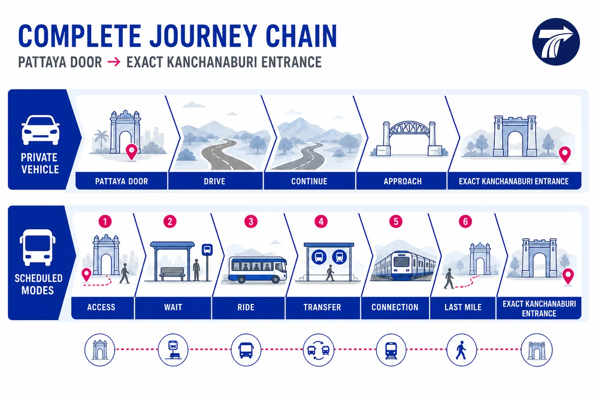 Illustrative complete journey chain from Pattaya address to exact Kanchanaburi hotel