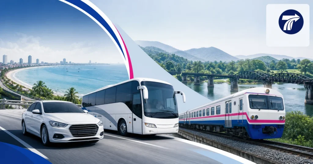 Illustrative taxi bus and train mode cues for travel from Pattaya to Kanchanaburi