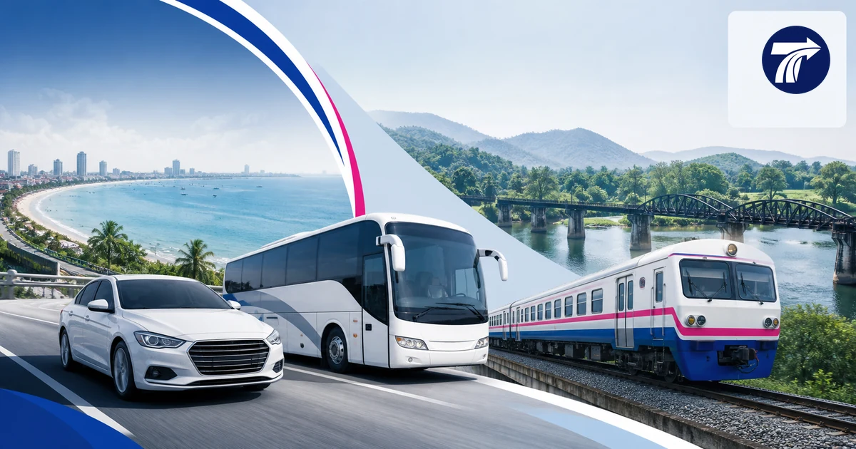 Illustrative taxi bus and train mode cues for travel from Pattaya to Kanchanaburi