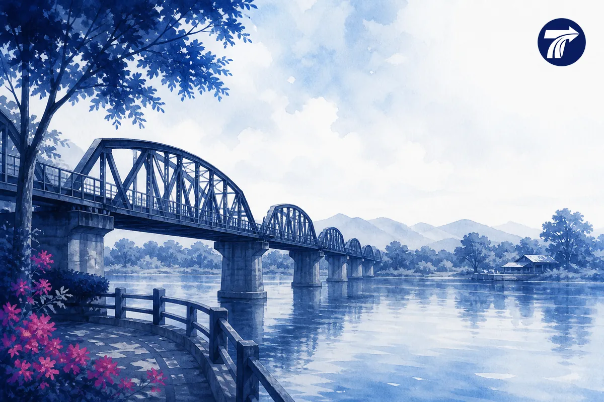 Respectful illustrative view of a generic Kanchanaburi Bridge-area river setting