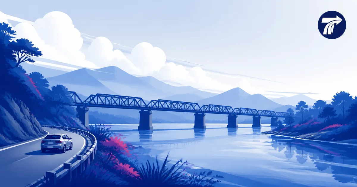Respectful illustrative River Kwai itinerary scene with a generic bridge river landscape and private vehicle