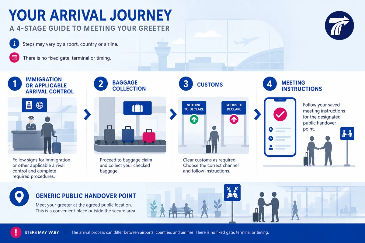 Illustrated airport arrival flow from immigration and baggage to customs and meeting instructions