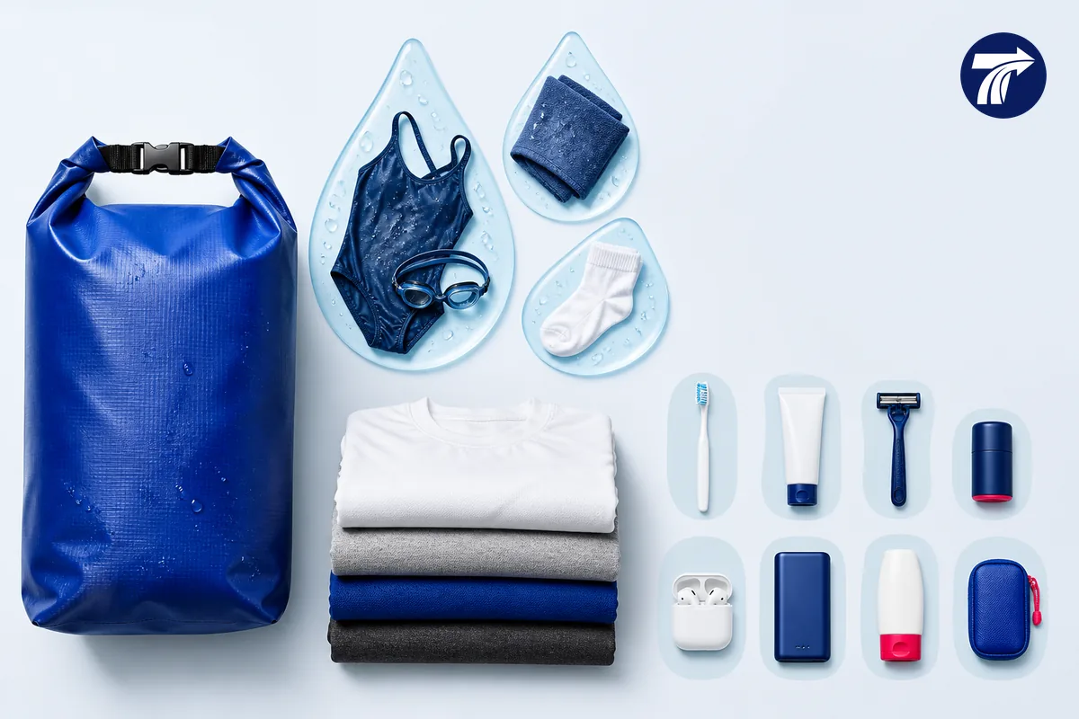 Dry-bag and wet-item packing plan for a water-park return