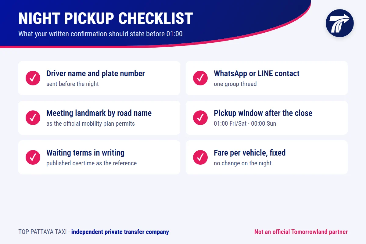Night pickup checklist: driver name and plate, contact, meeting landmark, pickup window, waiting terms and fixed fare